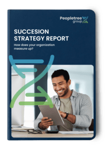 Cover of 'Succession Strategy Report' by Peopletree Group featuring a smiling man using a tablet with a DNA helix graphic overlay.