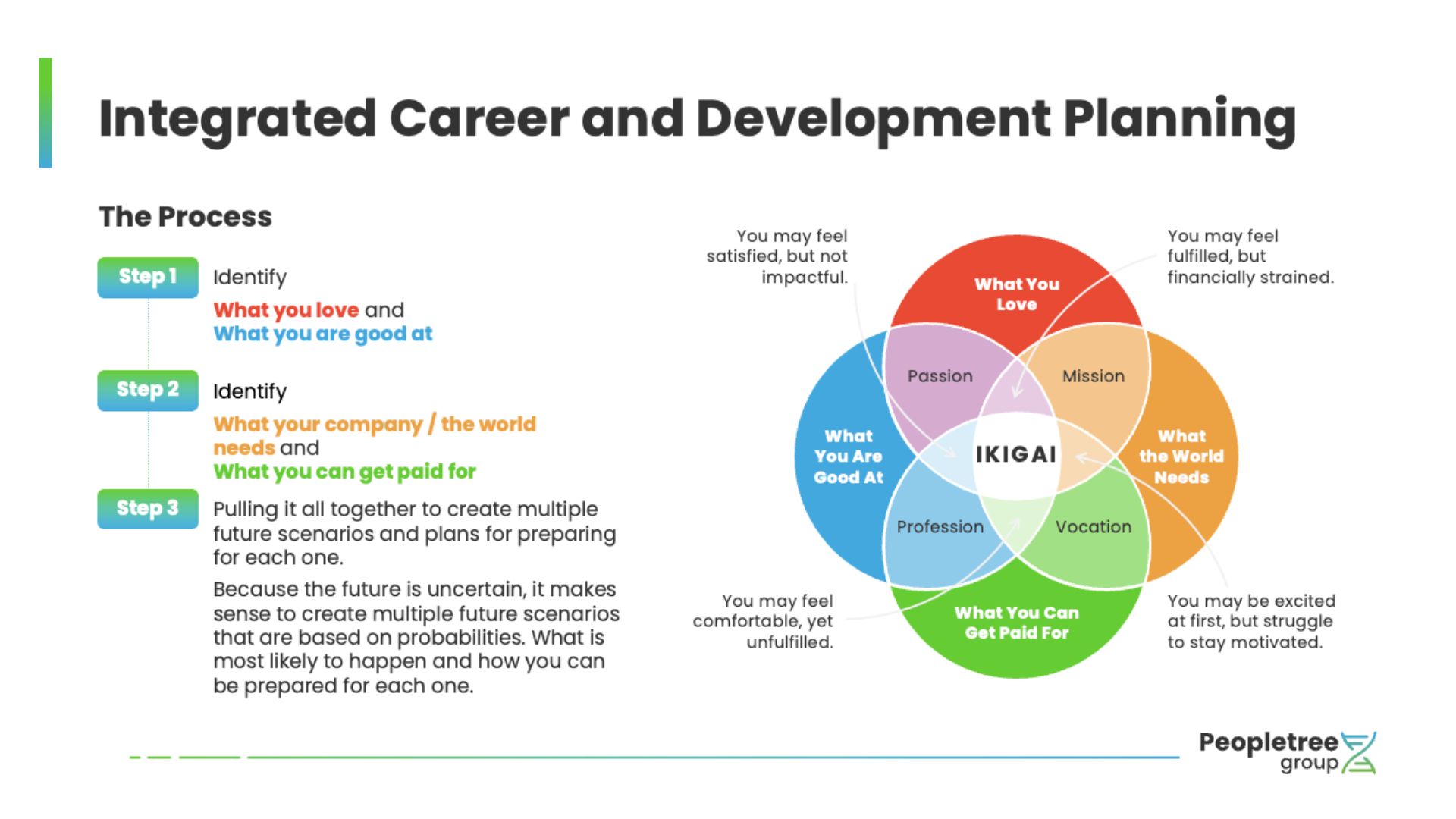 Ikigai diagram intersecting What You Love, What You Are Good At, What the World Needs, and What You Can Get Paid For, illustrating the process of integrated career and development planning.