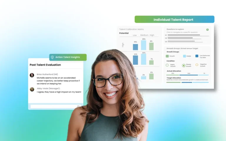 Smiling professional with talent evaluation dashboard and insights panel, representing Peopletree Group’s Talent Management as a Service solution
