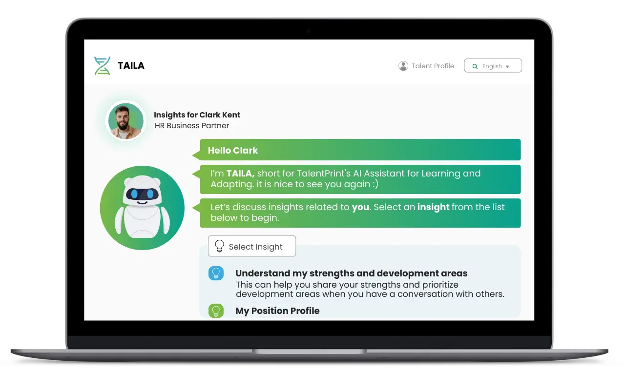Screenshot of TAILA, Peopletree Group's virtual talent partner interface on a laptop, showing insights for an HR Business Partner.