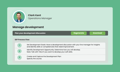 Development plan interface in TAILA with action steps and skill goals