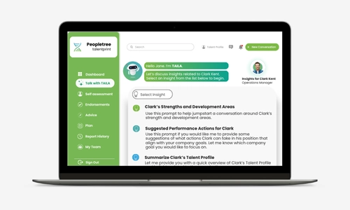 TAILA conversation starter screen with strengths, development areas and suggested performance actions