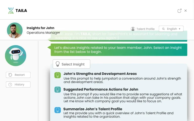 TAILA dashboard showing talent insights for team member John