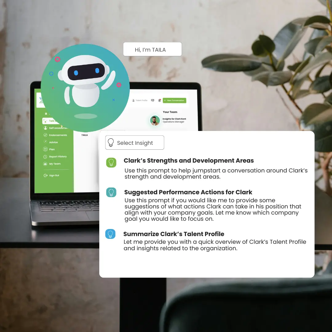 TAILA AI assistant dashboard open on a manager’s laptop showing insights for coaching and development conversations.