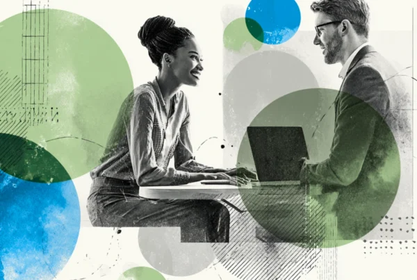 Professional woman working on a laptop, reviewing HR metrics and talent management dashboards with the CEO, in modern minimal collage-style.
