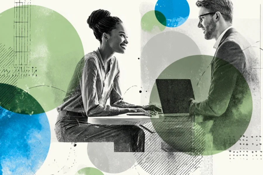 Professional woman working on a laptop, reviewing HR metrics and talent management dashboards with the CEO, in modern minimal collage-style.